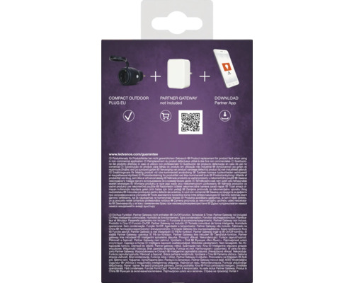Produktverpackung eines intelligenten Außensteckers mit Gateway Hinweis und App Download Informationen.