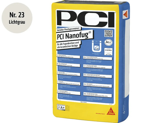 Mortier de jointoiement flexible PCI Nanofug gris clair pour revêtements céramiques avec logo Sika.