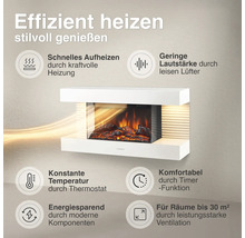Wandkamin mit elektrischem Flammeneffekt und Infografik zu Heizleistung, Lautstärke, Thermostat, Timer, Energieeffizienz und Raumgröße.