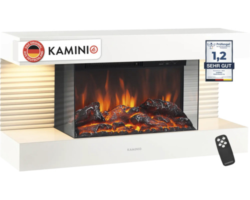 Cheminée électrique avec effet de flamme réaliste, télécommande incluse et sceau de qualité certifiant une excellente performance.