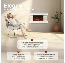 Wandkamin mit elektrischem Flammeneffekt in einem modern eingerichteten Wohnraum mit einer Person in einem Schaukelstuhl.