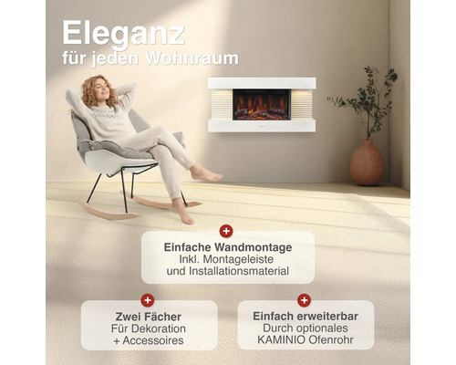 Wandkamin mit elektrischem Flammeneffekt in einem modern eingerichteten Wohnraum mit einer Person in einem Schaukelstuhl.