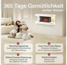 Wandmontierter Elektrokamin mit realistischem Flammeneffekt, Sicherheitsfunktionen wie Überhitzungsschutz, Cool Touch Oberfläche und Fenstererkennung.