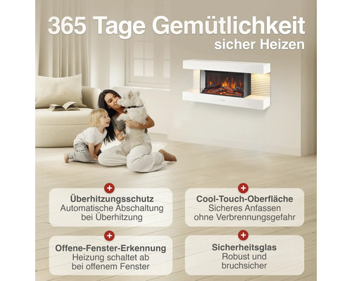 Wandmontierter Elektrokamin mit realistischem Flammeneffekt, Sicherheitsfunktionen wie Überhitzungsschutz, Cool Touch Oberfläche und Fenstererkennung.