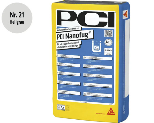 Mortier de jointoiement flexible PCI Nanofug gris clair, sac de 15 kilogrammes pour toutes largeurs de joint et revêtements céramiques.