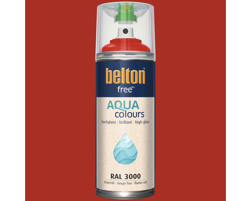 Spray de peinture Belton Free Aqua Colours en rouge feu RAL 3000, brillant, adapté à divers supports.
