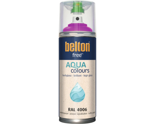 Vernis en spray Belton Free Aqua Colours en pourpre signalisation RAL 4006 brillant dans une bombe aérosol.