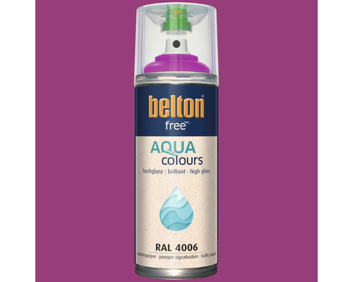 Spray de laque brillante Belton Free Aqua Colours en pourpre signalisation RAL 4006 pour diverses surfaces.