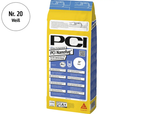 Mortier de jointoiement flexible PCI Nanofug blanc quatre kilogrammes pour toutes largeurs de joints et revêtements céramiques avec logo PCI et Sika.