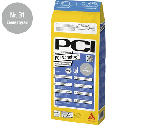 Mortier de jointoiement flexible PCI Nanofug en gris ciment, adapté à toutes les largeurs de joint et revêtements céramiques.