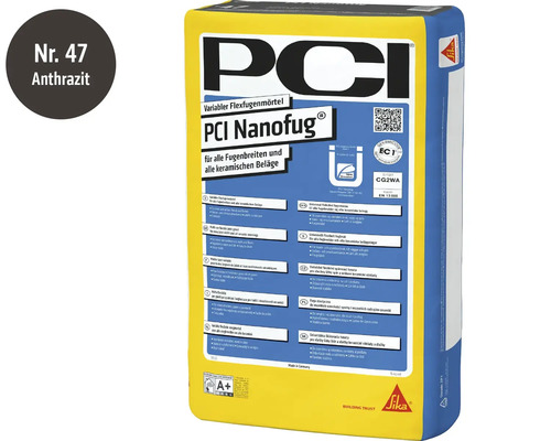 Mortier de jointoiement flexible PCI Nanofug anthracite en sac de 15 kilogrammes pour toutes largeurs de joint et revêtements céramiques.
