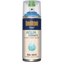 Peinture en aérosol Belton Free Aqua Colours bleu ciel RAL 5015, brillant, adaptée à diverses surfaces.