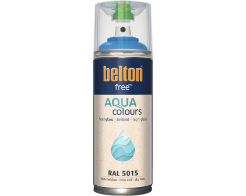 Peinture en aérosol Belton Free Aqua Colours bleu ciel RAL 5015, brillant, adaptée à diverses surfaces.
