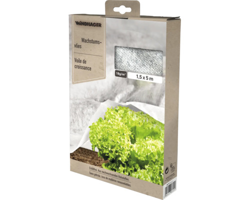 Voile de croissance Windhager issu de matières renouvelables, 18 grammes par mètre carré, 1,5 par 5 mètres, pour la protection des plantes.