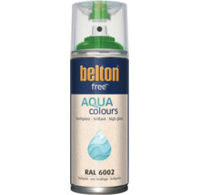 Peinture en aérosol Belton free Aqua Colours vert feuillage RAL 6002 avec effet brillant pour intérieur et extérieur.