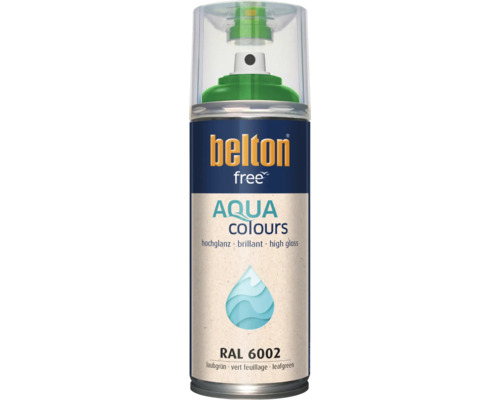 Peinture en aérosol Belton free Aqua Colours vert feuillage RAL 6002 avec effet brillant pour intérieur et extérieur.