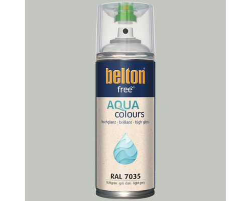 Vernis en spray Belton Free Aqua Colours gris clair RAL 7035 avec effet brillant pour diverses surfaces.