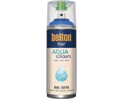 Vernis en aérosol Belton Free Aqua Colours mat en bleu gentiane RAL 5010 pour peintures décoratives
