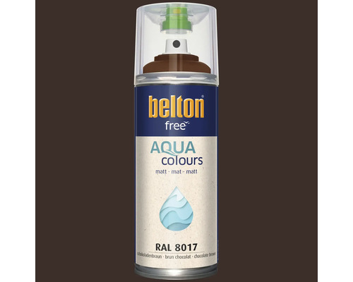 Peinture en aérosol Belton Free Aqua Colours brun chocolat RAL 8017 mat pour le vernissage de diverses surfaces.
