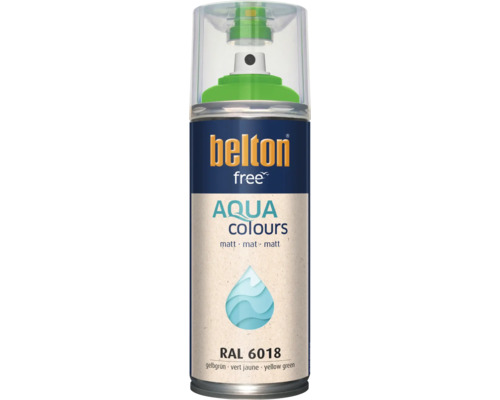 Vernis en aérosol Belton free Aqua Colours jaune vert RAL 6018 mat