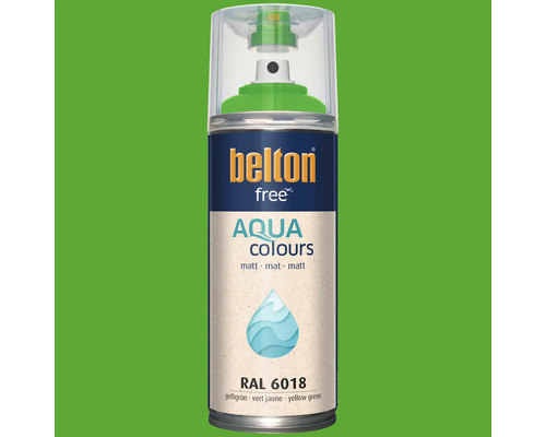 Spray de peinture Belton free Aqua Colors, jaune vert RAL 6018, mat, 400 millilitres