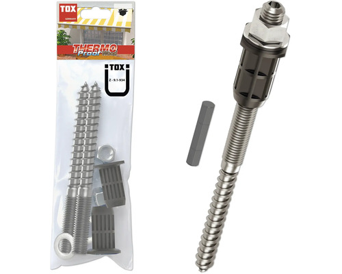 Kit de fixation de façade TOX Thermo Proof Wood pour montage dans des structures en bois avec tige filetée, cheville en plastique et écrou.