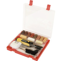 Kit de réparation pour surfaces en bois dans un coffret en plastique avec bâtons de cire et racloir