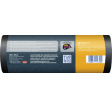 Informationsetikett einer Swirl Müllbeutelrolle mit Produkthinweisen, Sicherheitshinweisen, Strichcode und Herstellerinformationen.