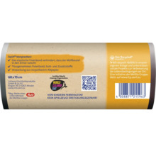 Emballage de produit de sacs poubelle Swirl avec des informations sur les avantages du produit, la durabilité, les certifications et la sécurité.