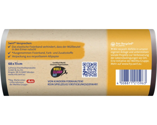 Emballage de produit de sacs poubelle Swirl avec des informations sur les avantages du produit, la durabilité, les certifications et la sécurité.