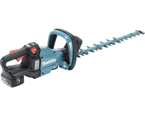 Taille-haies sans fil Makita avec batterie 18 volts et longue lame de coupe pour le jardin.