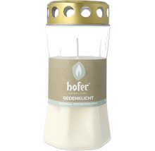Bougie commémorative Hofer Friedlicht avec remplissage de cire cent pour cent végétale et couvercle en métal dans un récipient en verre.