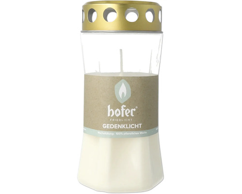 Bougie commémorative Hofer Friedlicht avec remplissage de cire cent pour cent végétale et couvercle en métal dans un récipient en verre.