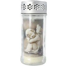 Bougie funéraire avec motif ange et couvercle argenté en verre