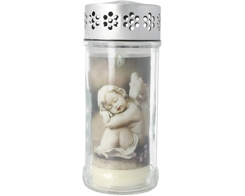Bougie funéraire avec motif ange et couvercle argenté en verre