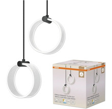Zwei runde LED Pendelleuchten mit Textilkabel und Osram Verpackung.