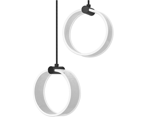 Moderne LED Pendelleuchte mit zwei runden Lichtringen und minimalistischem Design.