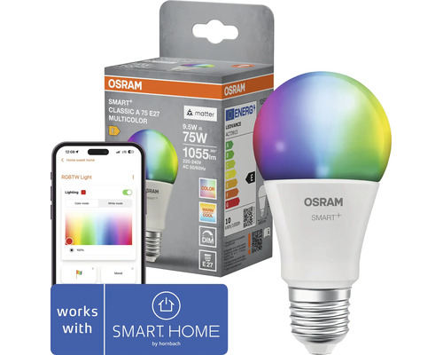 Ampoule LED Osram Smart Plus E27 avec emballage et contrôle par smartphone compatible avec Hornbach Smart Home