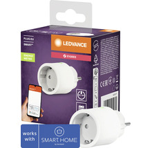 Ledvance Smart Plus Zigbee Steckdose mit Energiemessung in Verpackung mit Smartphone Anzeige und Hornbach Smart Home Logo.