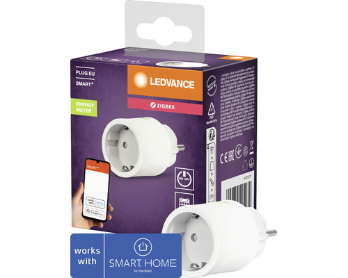 Prise connectée Ledvance Smart Plus Zigbee avec mesure d energie avec emballage affichage smartphone et logo Hornbach Smart Home.