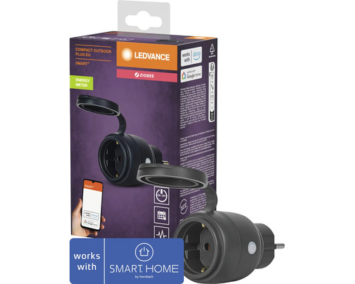 Adaptateur de prise extérieure compact Ledvance Smart Plus avec technologie Zigbee et mesure d'énergie pour la domotique.