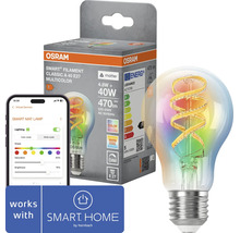 Lampe LED filament Osram Smart Plus E27 avec fonction multicolore dans son emballage à côté d un smartphone avec application et logo Hornbach