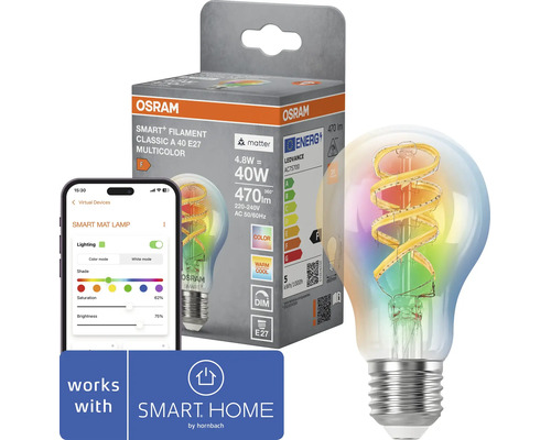 Lampe LED filament Osram Smart Plus E27 avec fonction multicolore dans son emballage à côté d un smartphone avec application et logo Hornbach