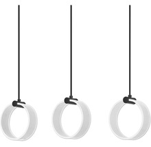 Drei moderne LED Pendelleuchten mit kreisförmigen Lichtelementen und schmalen Aufhängungen.