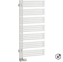 Un radiateur de salle de bains blanc à tubes horizontaux pour montage mural, avec tête thermostatique pour chauffer les salles de bains. (Image AI modified or generated)