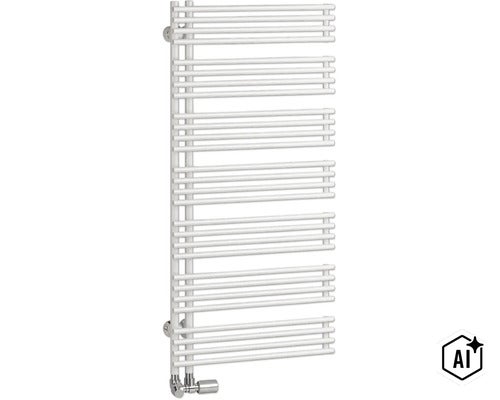 Un radiateur de salle de bains blanc à tubes horizontaux pour montage mural, avec tête thermostatique pour chauffer les salles de bains. (Image AI modified or generated)
