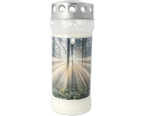 Bougie funéraire avec motif de forêt et couvercle argenté
