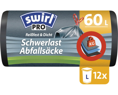 Sacs poubelle robustes Swirl Pro 60 litres, 12 pièces, résistants à la déchirure et étanches