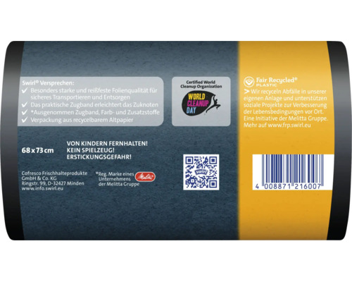 Rückseite der Produktverpackung Swirl Müllbeutel mit Produktinformationen und Hinweisen zur Nachhaltigkeit.