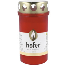 Bougie funéraire Hofer Friedlicht dans un récipient en plastique rouge avec couvercle en métal doré et logo.